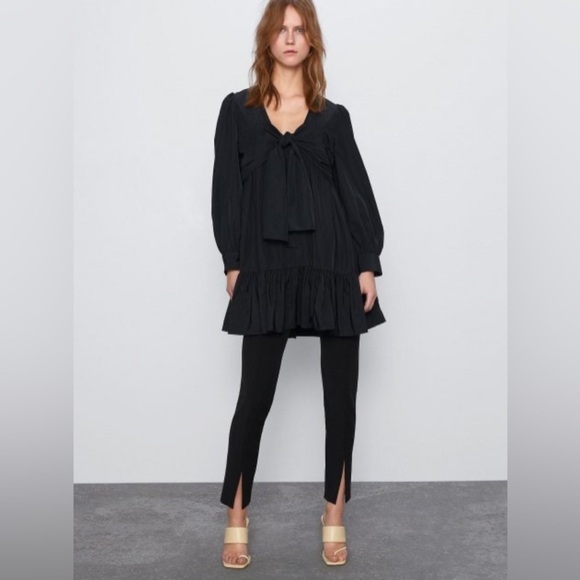Zara Dress Women's Size Small Oversized Black Long Sleeve Mini Bow Tiered Ruffle - Picture 12 of 13